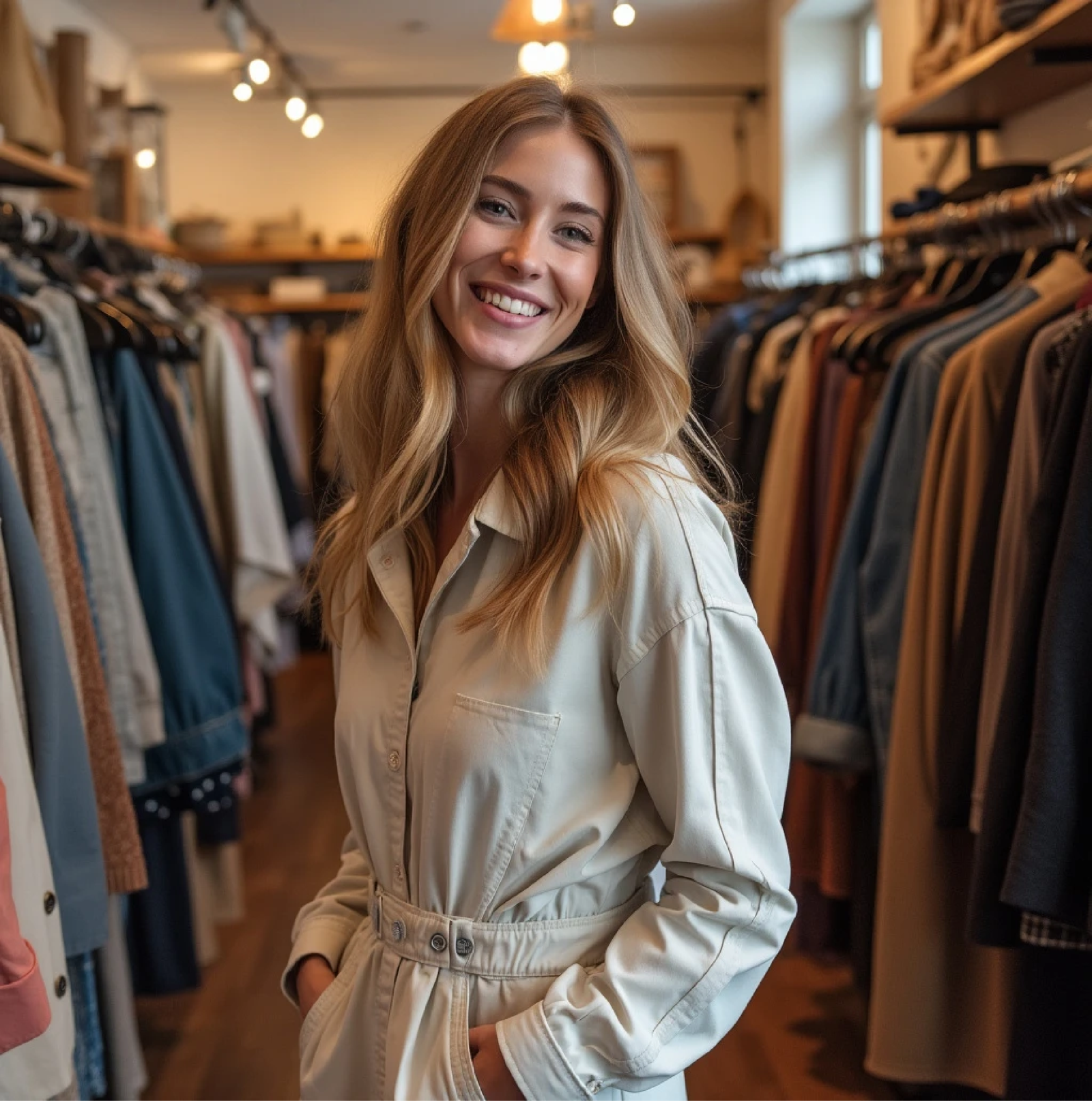 Tessa Woolridge in clothes shop